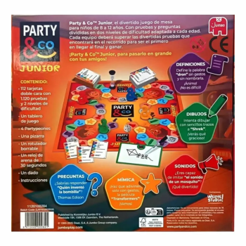 Parte trasera Party & Co Junior Diset contenido tablero, tarjetas y accesorios